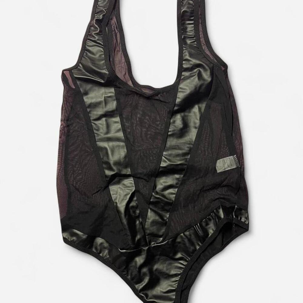 Black mesh bodysuit with satin